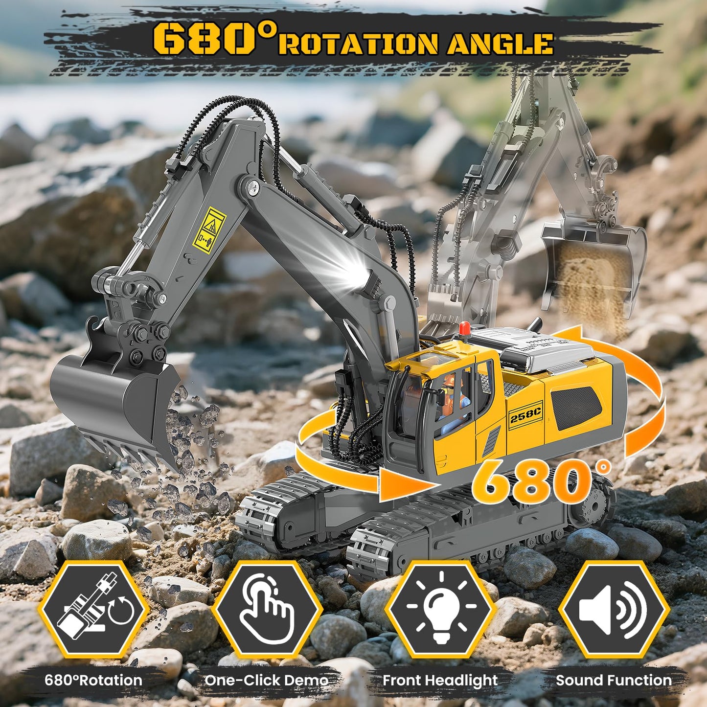 BEWEAI RC Excavator Toy – 11-Channel 2.4GHz, Dual Batteries, LED Lights