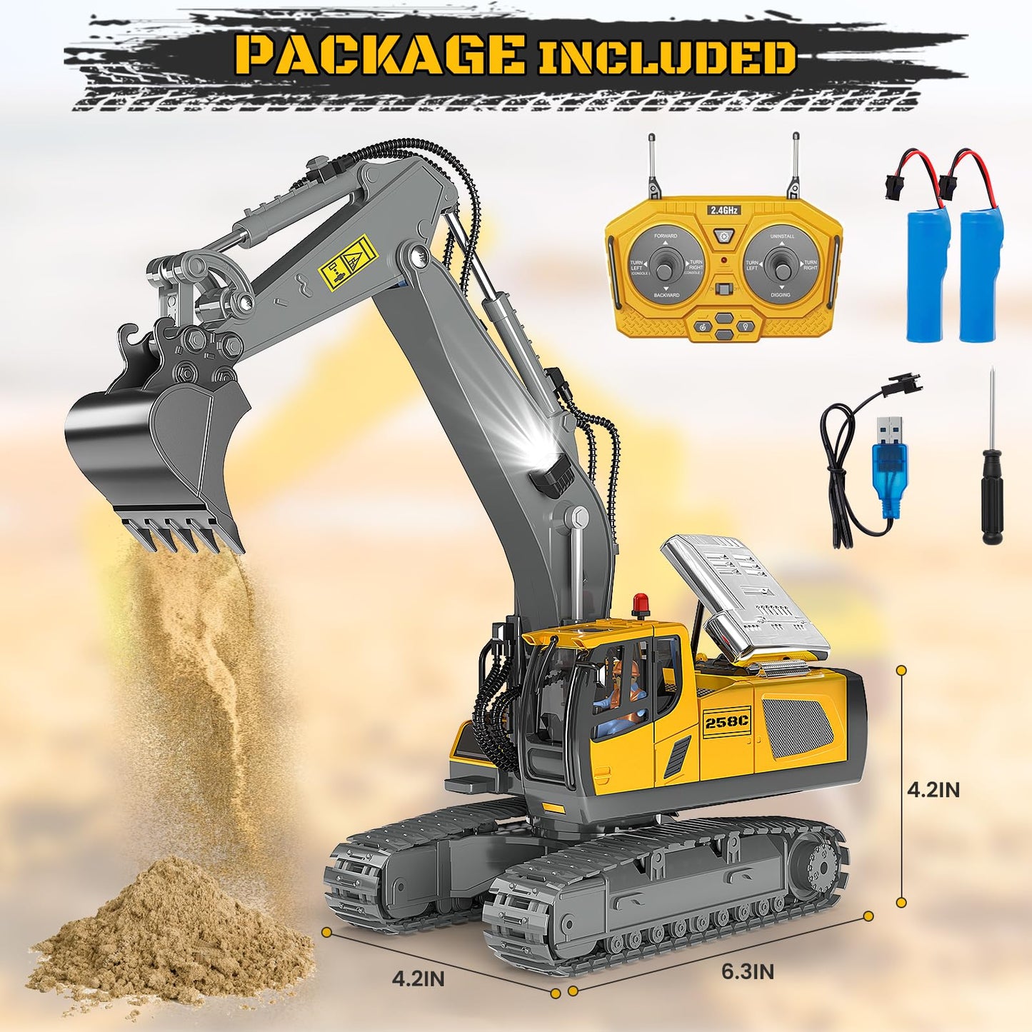 BEWEAI RC Excavator Toy – 11-Channel 2.4GHz, Dual Batteries, LED Lights