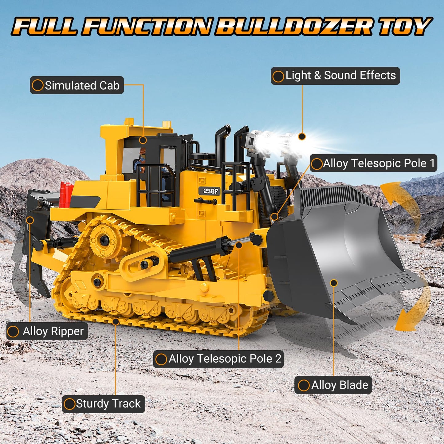 BEWEAI RC Bulldozer Toy – 9-Channel 2.4GHz Remote, Metal Blade, Lights & All-Terrain Tracks