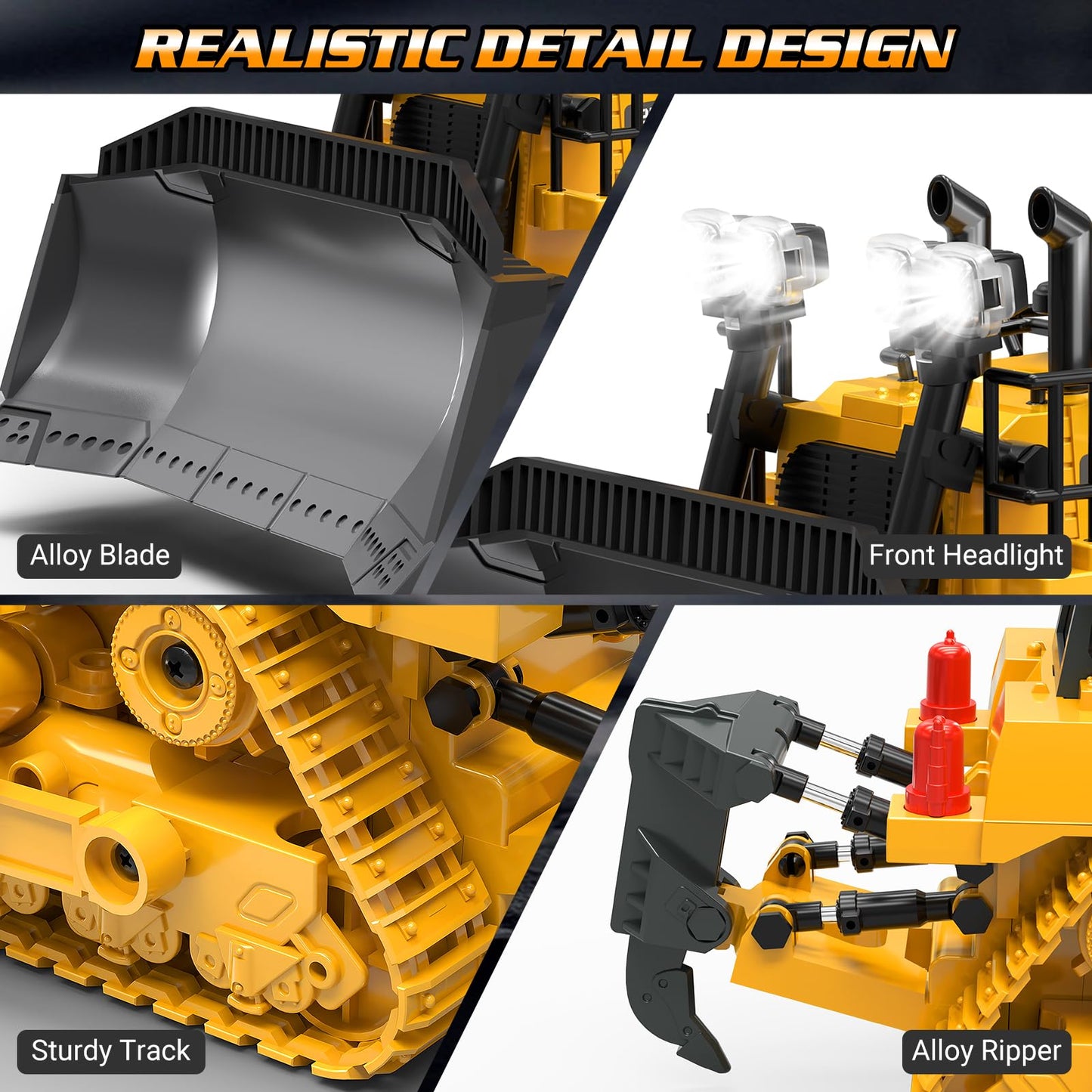 BEWEAI RC Bulldozer Toy – 9-Channel 2.4GHz Remote, Metal Blade, Lights & All-Terrain Tracks