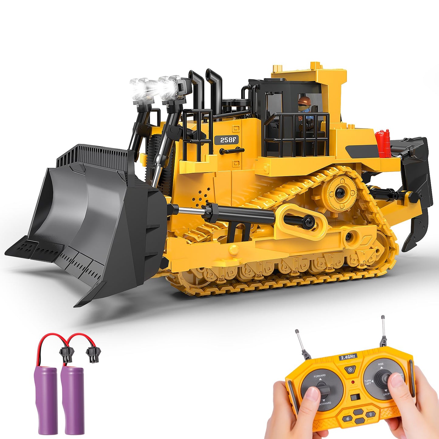 BEWEAI RC Bulldozer Toy – 9-Channel 2.4GHz Remote, Metal Blade, Lights & All-Terrain Tracks