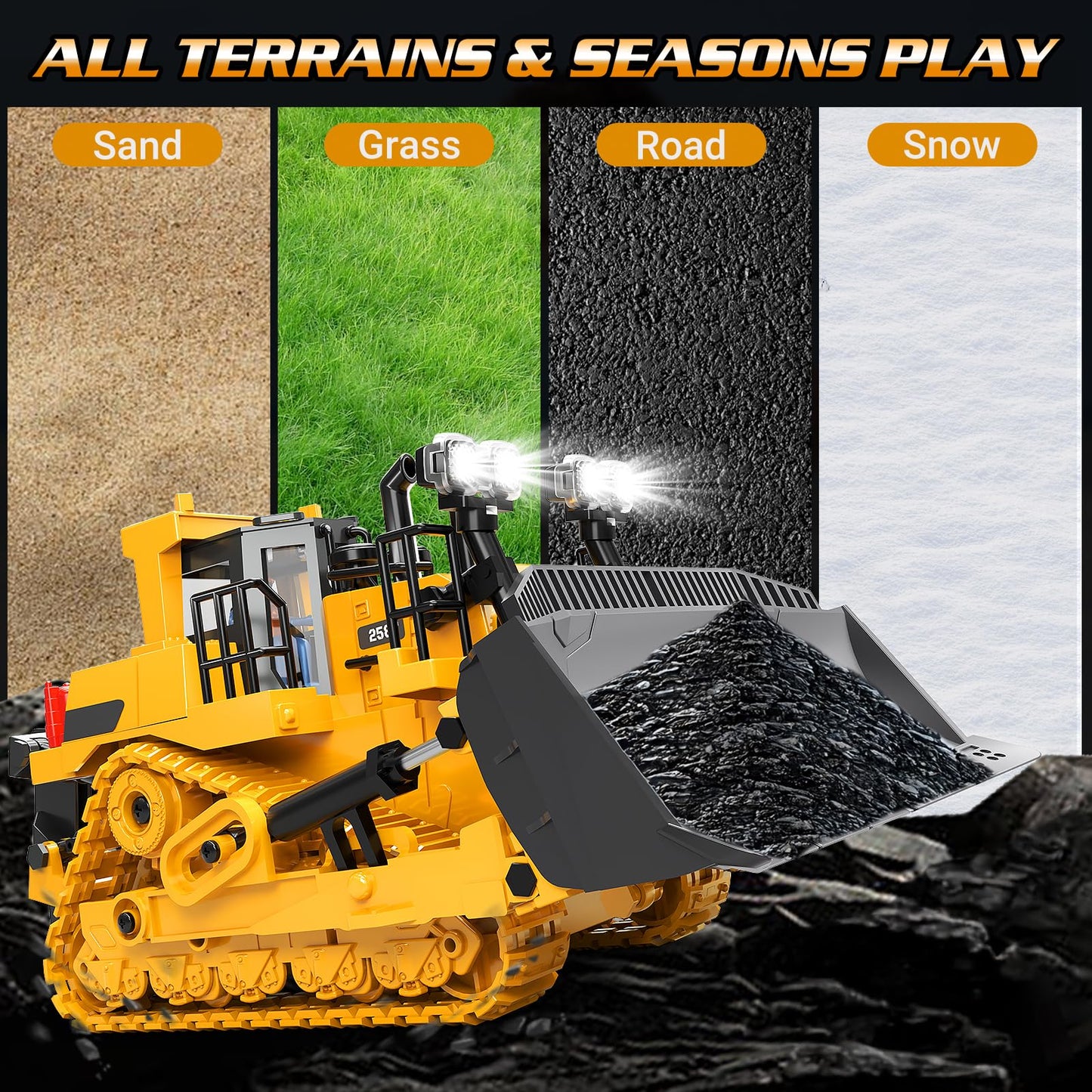 BEWEAI RC Bulldozer Toy – 9-Channel 2.4GHz Remote, Metal Blade, Lights & All-Terrain Tracks