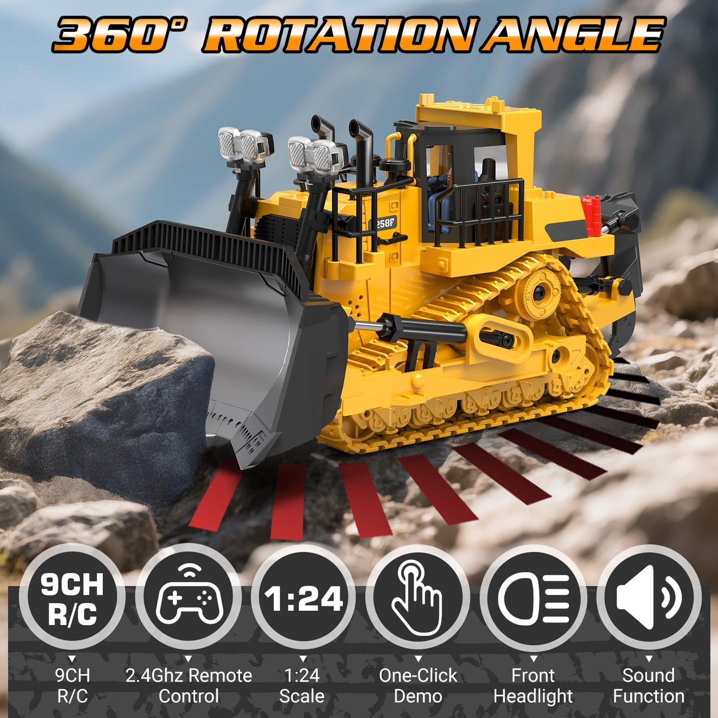 BEWEAI RC Bulldozer Toy – 9-Channel 2.4GHz Remote, Metal Blade, Lights & All-Terrain Tracks