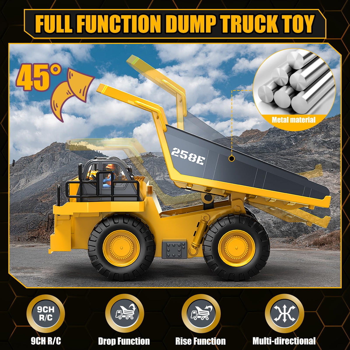 BEWEAI RC Dump Truck Toy — 9-Channel Remote, Metal Bed, LED Lights, 2 Batteries