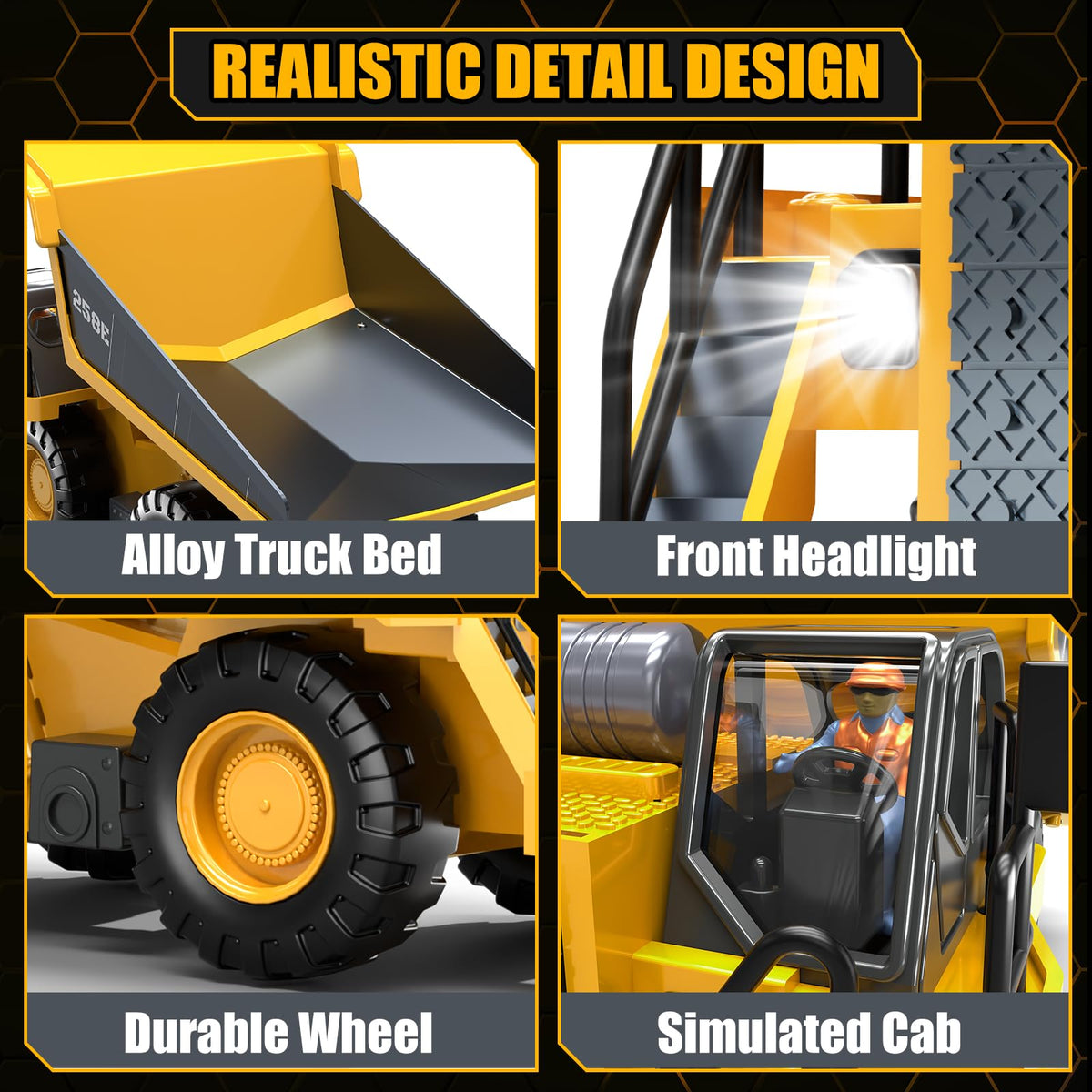 BEWEAI RC Dump Truck Toy — 9-Channel Remote, Metal Bed, LED Lights, 2 Batteries