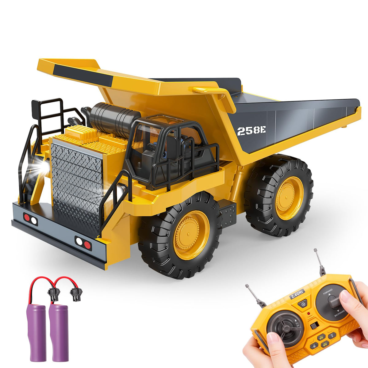 BEWEAI RC Dump Truck Toy — 9-Channel Remote, Metal Bed, LED Lights, 2 Batteries