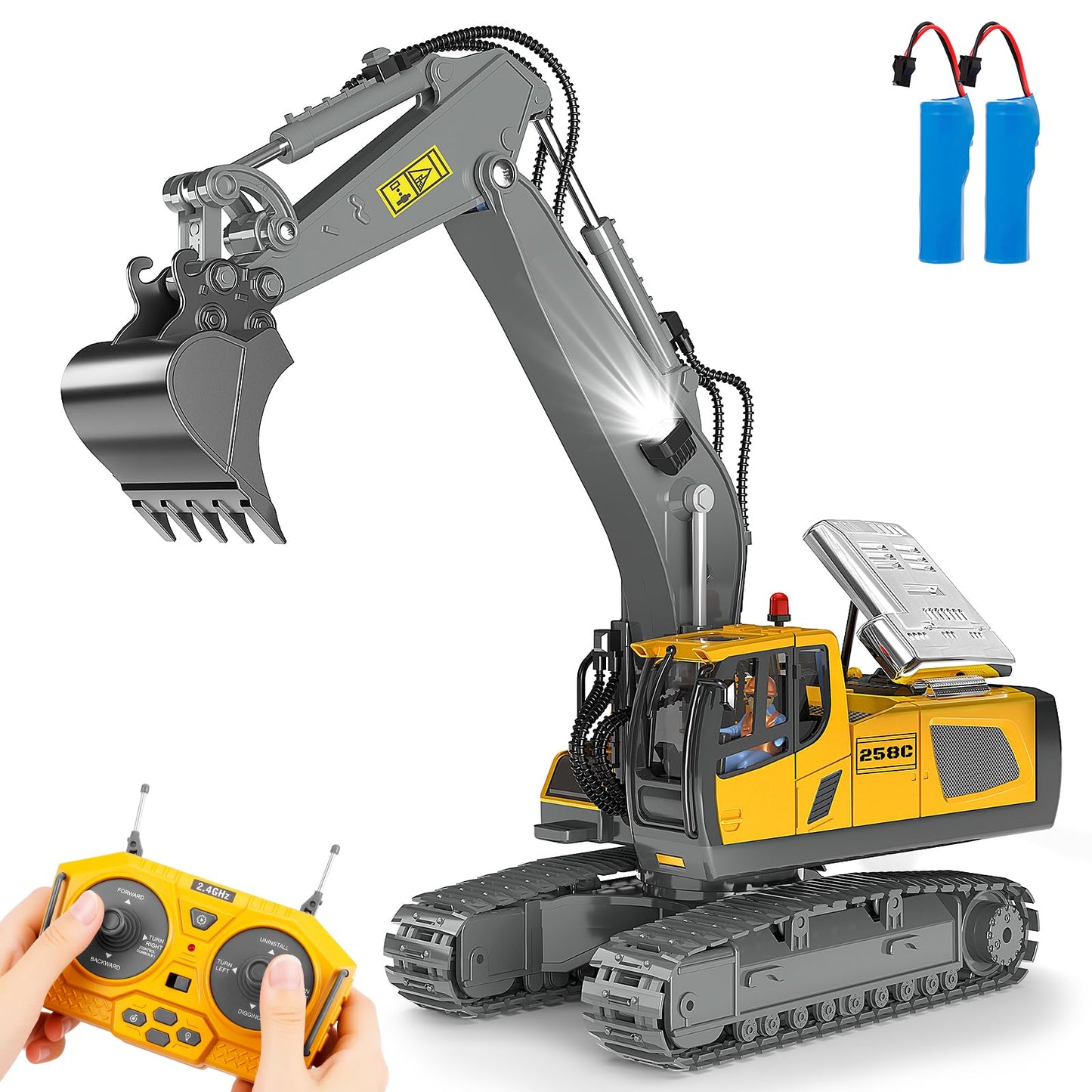 BEWEAI RC Excavator Toy – 11-Channel 2.4GHz, Dual Batteries, LED Lights