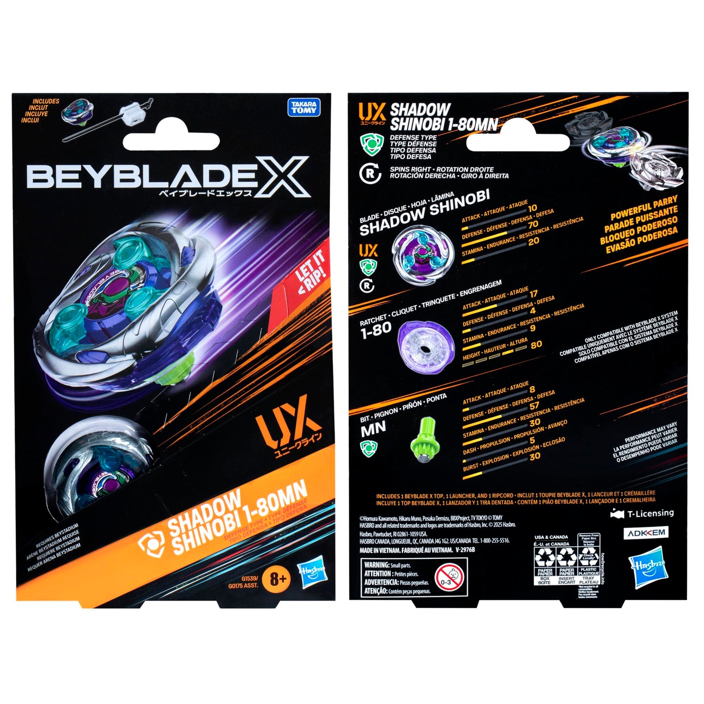 Beyblade X Shadow Shinobi 1-80MN UX Starter Pack – Defense Type Top & Launcher | Authentic Takara Tomy