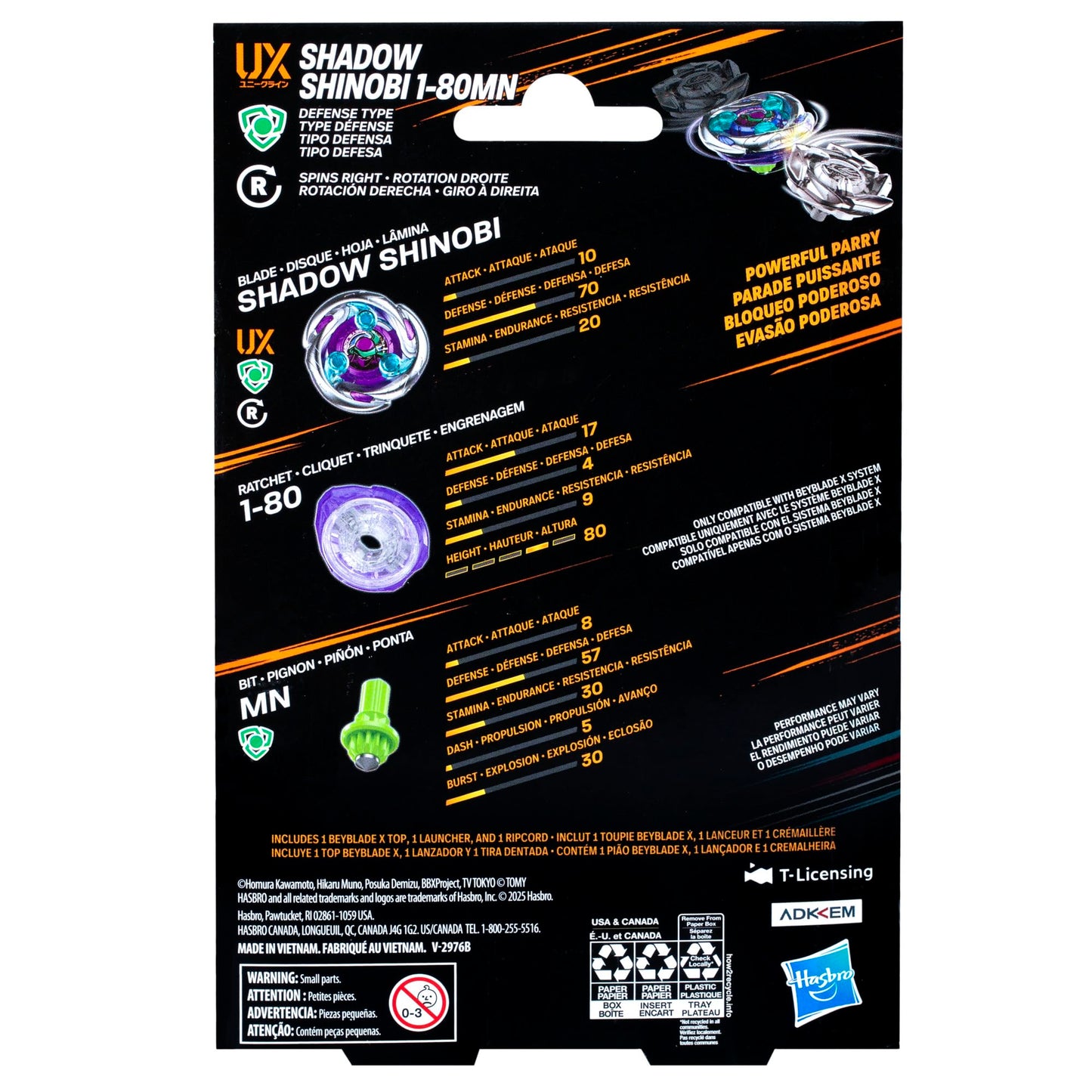 Beyblade X Shadow Shinobi 1-80MN UX Starter Pack – Defense Type Top & Launcher | Authentic Takara Tomy