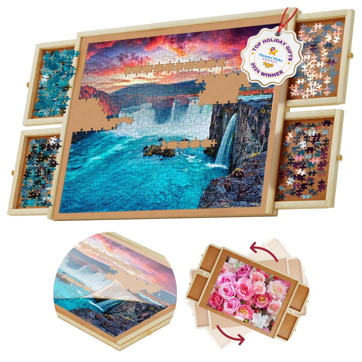 Beyond Innoventions 1000-Piece Rotating Puzzle Board with Drawers & Cover — 30 x 22 in Wooden Jigsaw Table