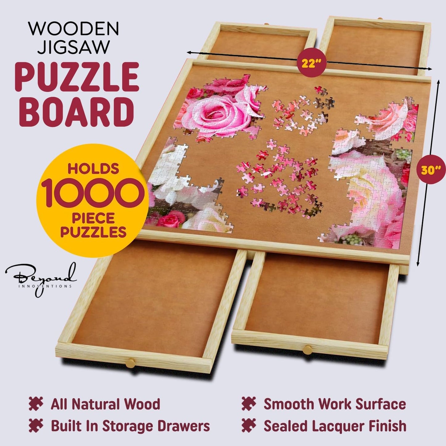 Beyond Innoventions 1000-Piece Rotating Puzzle Board with Drawers & Cover — 30 x 22 in Wooden Jigsaw Table