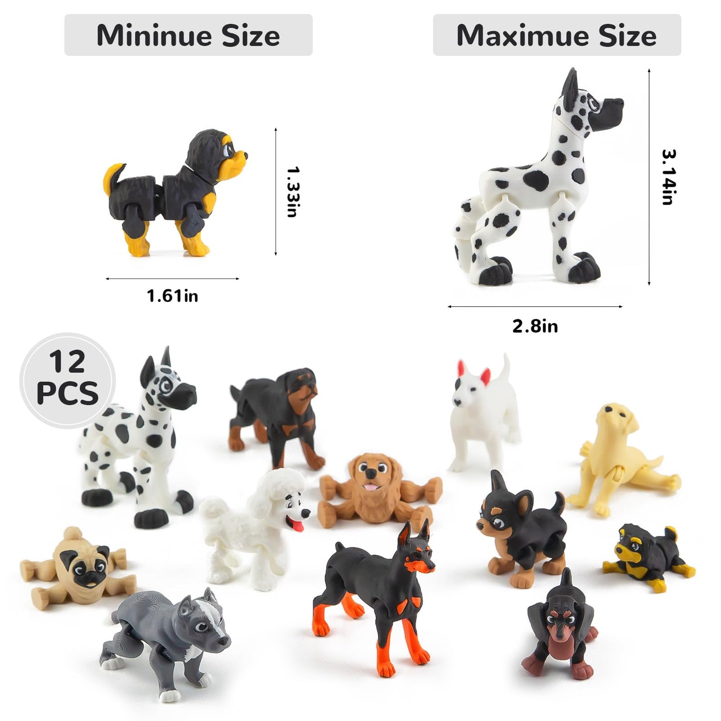 BEYONGME 12Pcs 3D Printed Dog Figurines – Realistic Poseable Puppy Toys & Cake Toppers