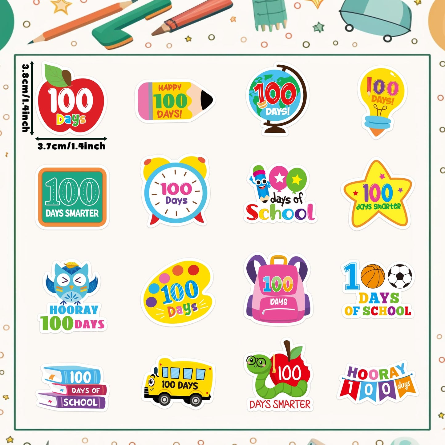 BeYumi 100 Days Smarter Stickers – 1000 Pcs, 2 Rolls for 100th Day Classroom Rewards