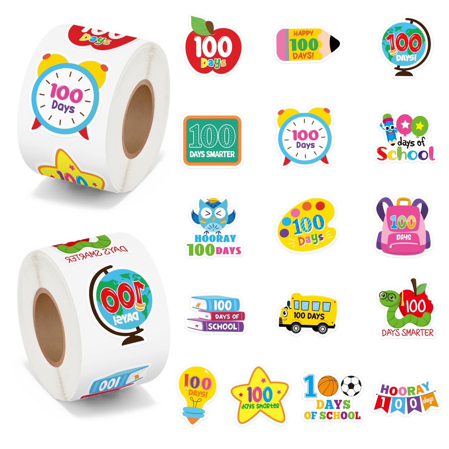 BeYumi 100 Days Smarter Stickers – 1000 Pcs, 2 Rolls for 100th Day Classroom Rewards