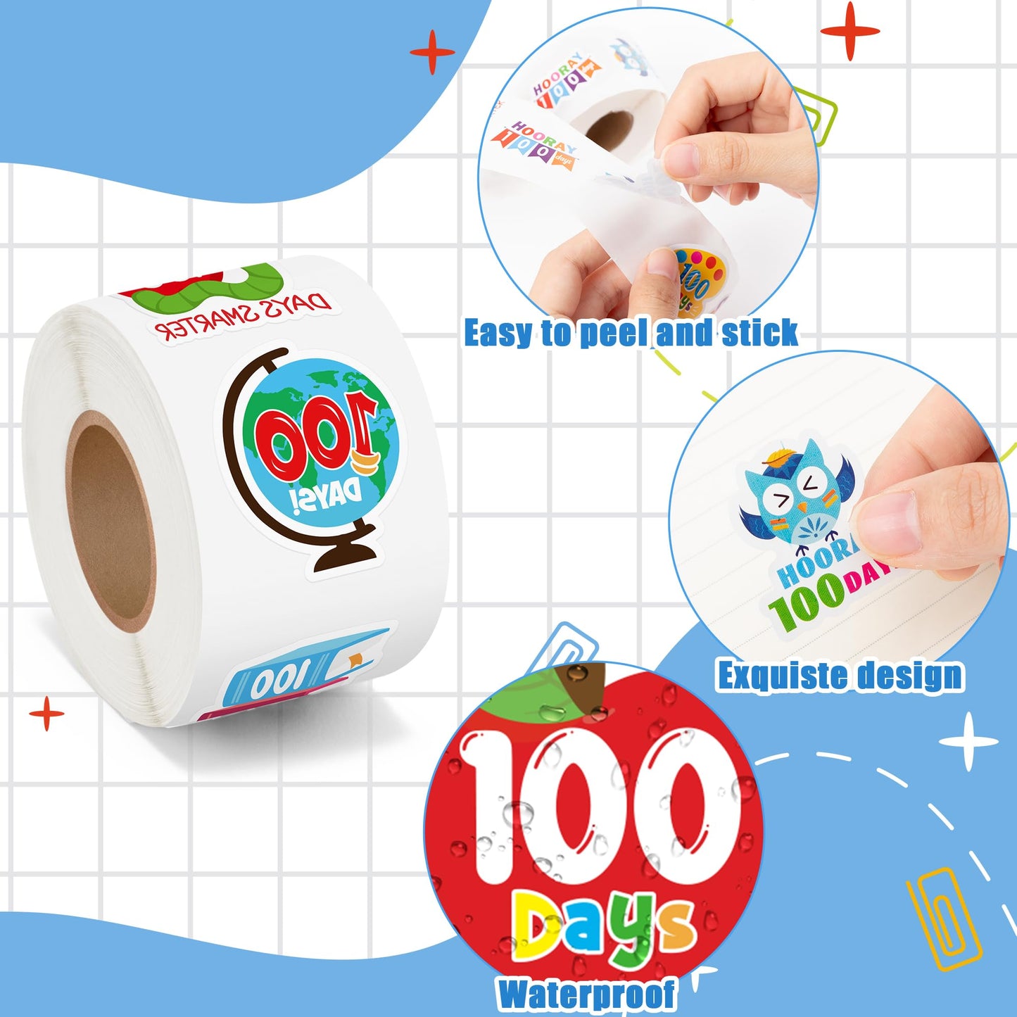 BeYumi 100 Days Smarter Stickers – 1000 Pcs, 2 Rolls for 100th Day Classroom Rewards