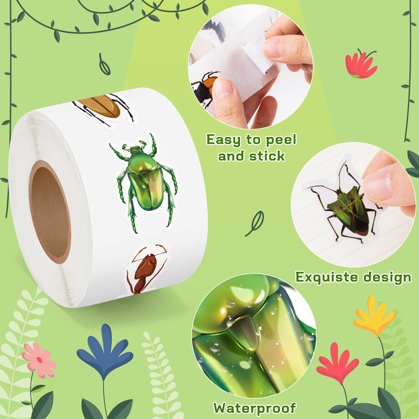 BeYumi Spring Insect Animals Stickers – 1000 Pcs in 2 Rolls for Kids, Party Favors, Classroom Decor