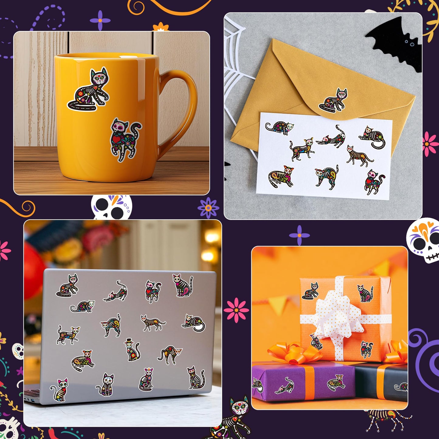 BeYumi Skeleton Cat Roll Stickers – 1000 Pcs, 2 Rolls for Dia de Los Muertos & Halloween