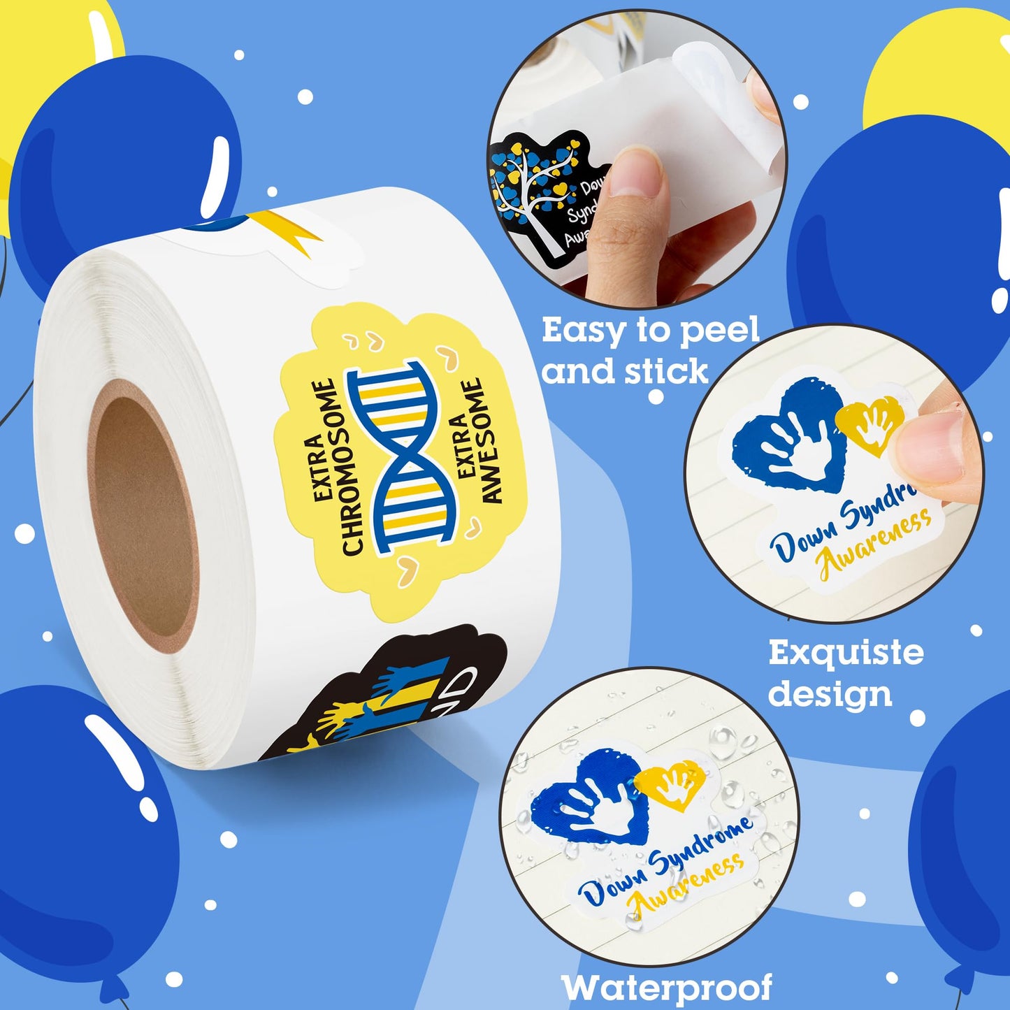 BeYumi Down Syndrome Awareness Sticker - 1000 Pcs (2 Rolls) Waterproof Vinyl