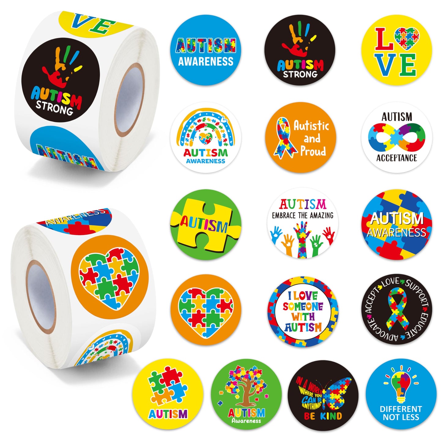 BeYumi Autism Awareness Roll Stickers – 1000Pcs, 2 Rolls, Waterproof Vinyl, Puzzle Pieces & Ribbon Design for Fundraisers & Events