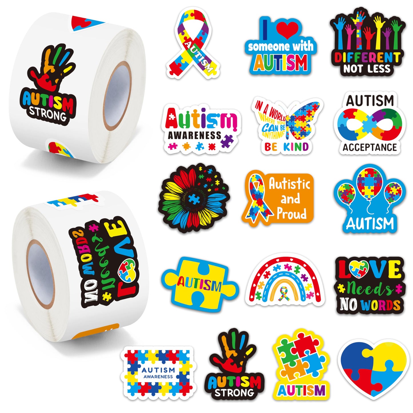 BeYumi Autism Awareness Roll Stickers – 1000 Pcs (2 Rolls) Puzzle Piece Ribbon Vinyl