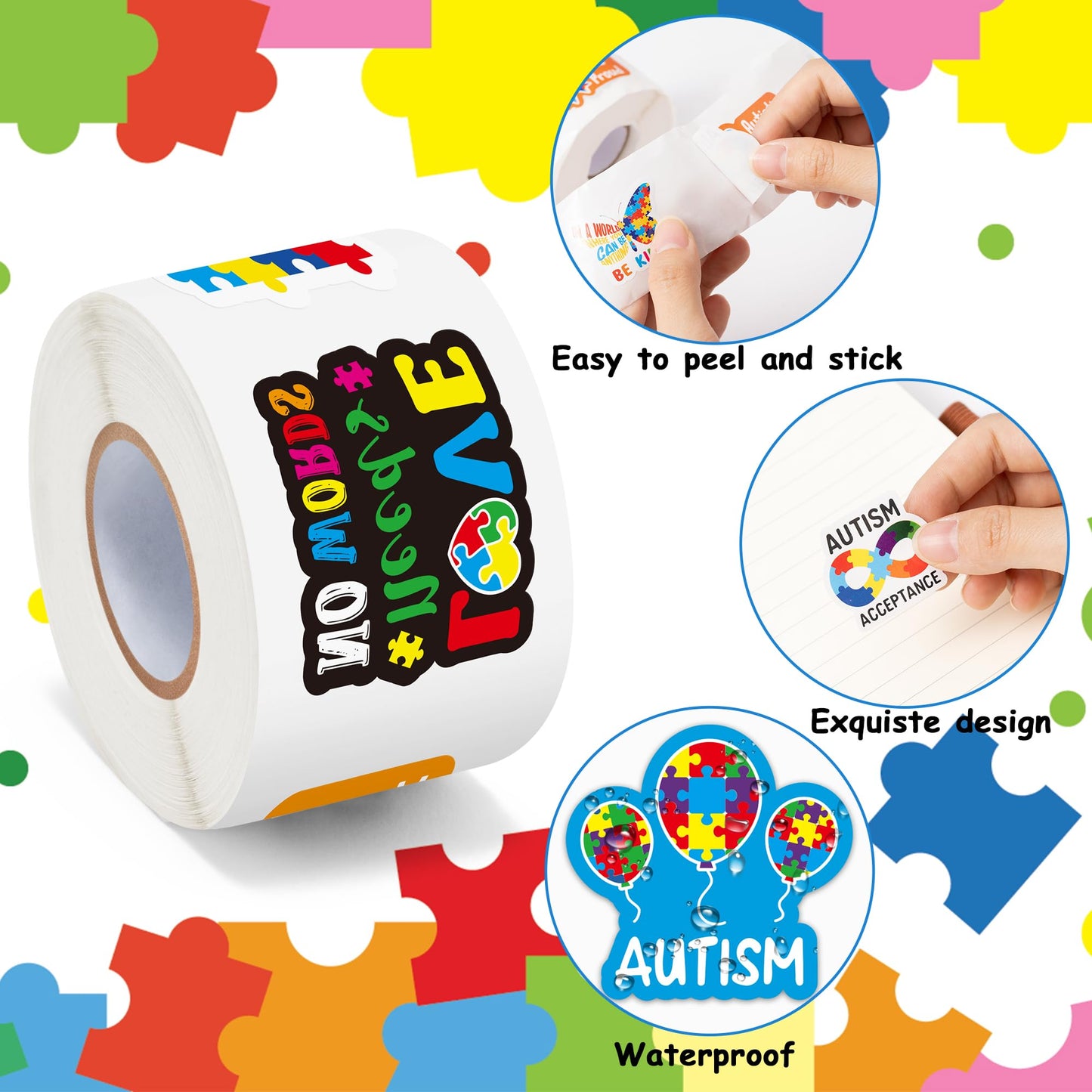 BeYumi Autism Awareness Roll Stickers – 1000 Pcs (2 Rolls) Puzzle Piece Ribbon Vinyl