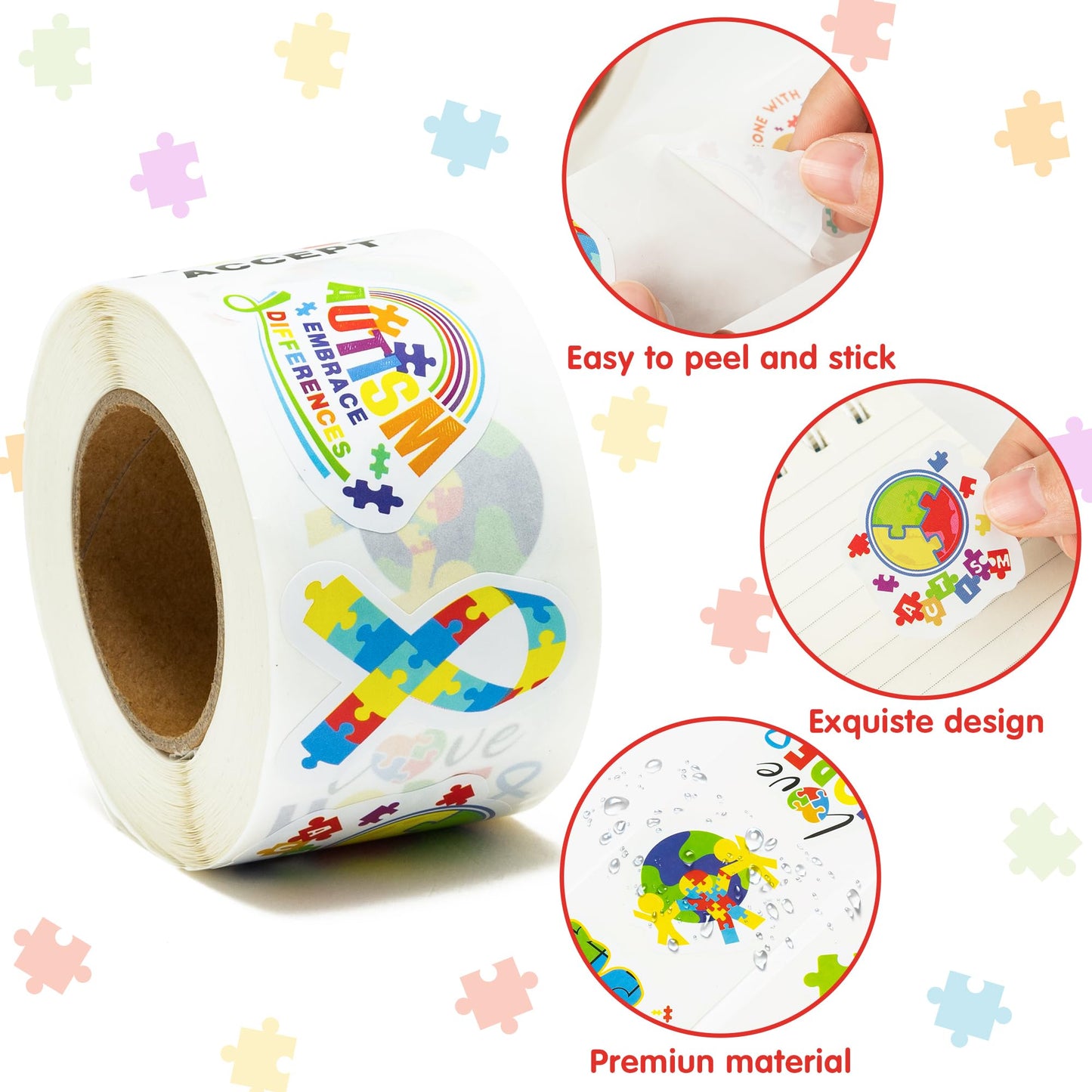 BeYumi Autism Awareness Roll Stickers – 1000 Pcs Waterproof Vinyl Decals for Laptop, Phone, Bottle, Notebook, Luggage and Classroom