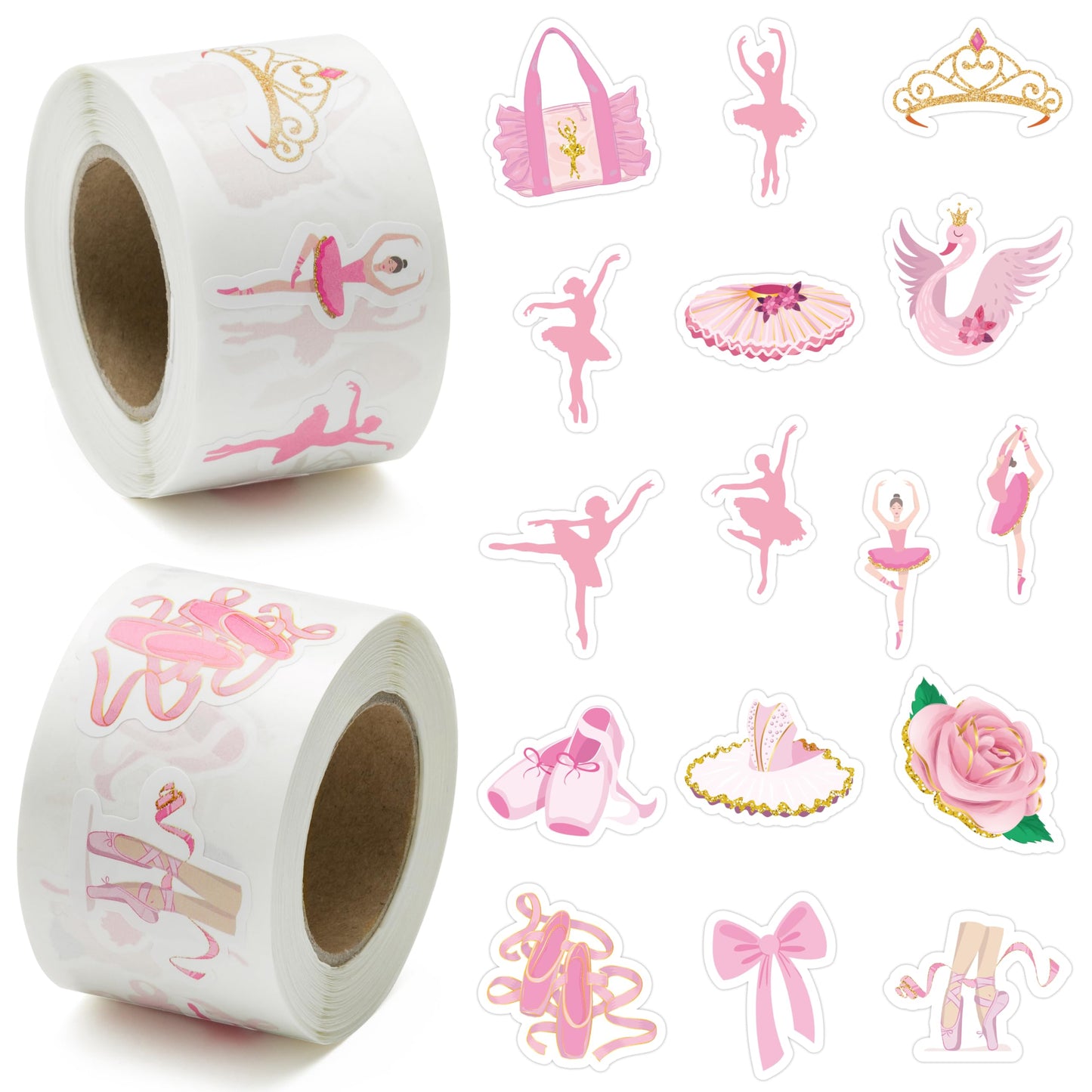 BeYumi Ballet Dance Stickers – 1000 Pcs, 2 Rolls, Pink & Gold Waterproof Vinyl for Laptops, Bottles, Scrapbooks