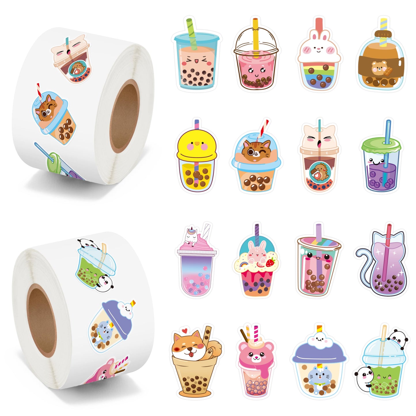 BeYumi Bubble Tea Sticker Roll – 1000 Pcs in 2 Rolls, Waterproof Vinyl, Cute Kawaii Decals