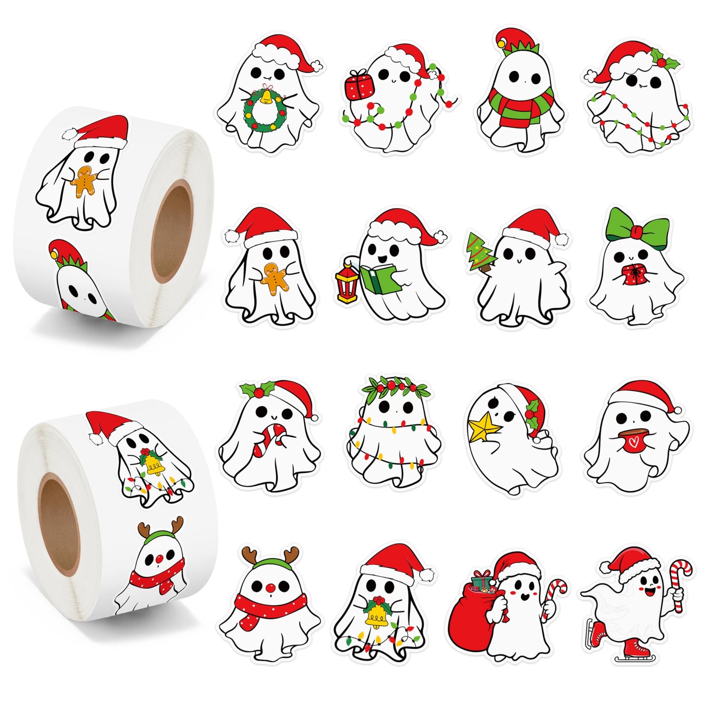 BeYumi Christmas Ghost Stickers – 1000Pcs Santa Hat Kawaii Vinyl Decals