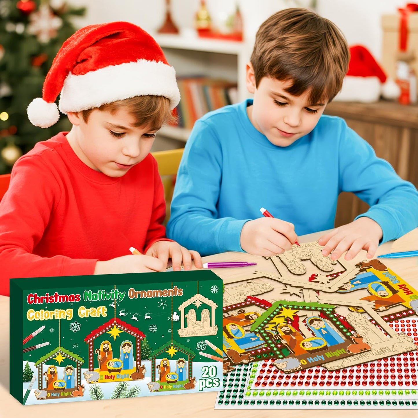 BeYumi Christmas Wooden House Craft Kit – Nativity Decor with Gem Stickers