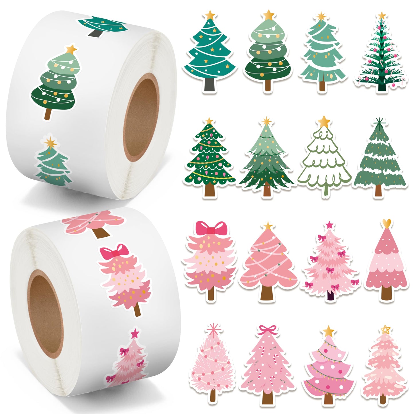 BeYumi Christmas Pine Tree Sticker Set – 1000 Pcs, Pink & Green, Waterproof Vinyl