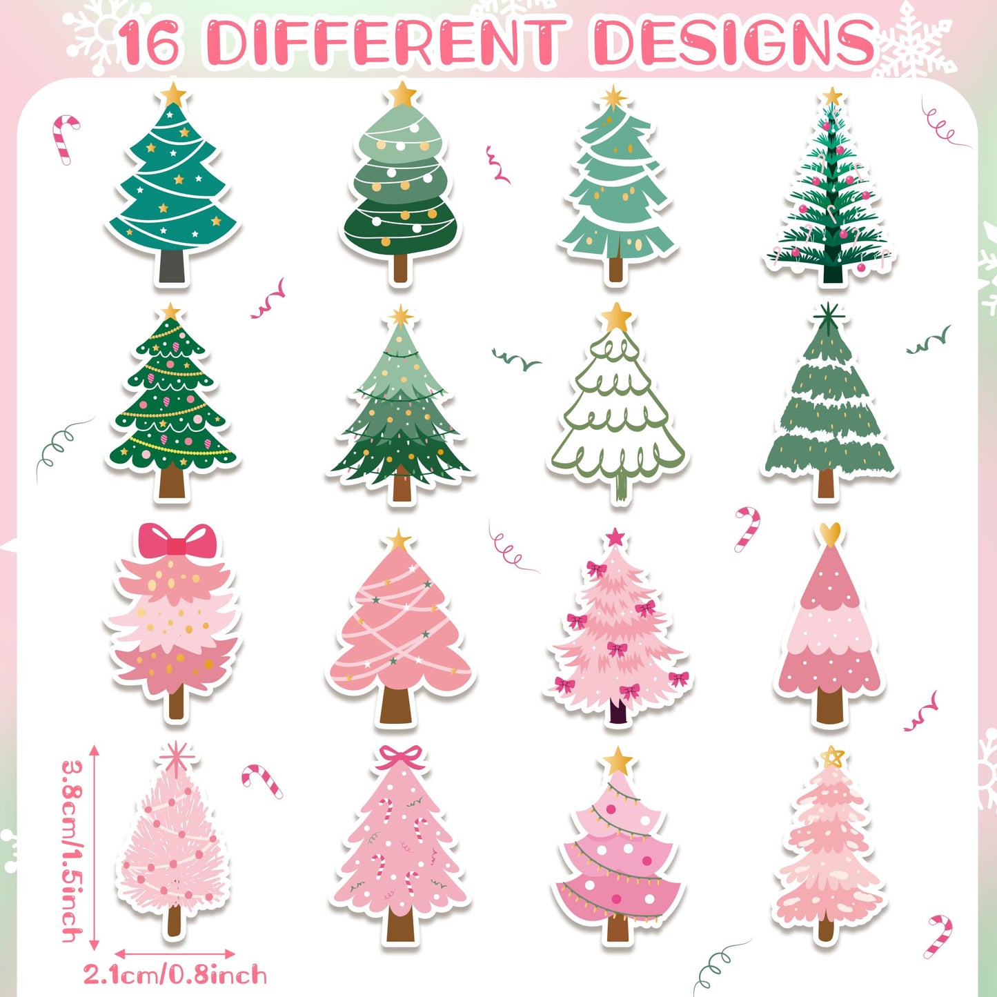 BeYumi Christmas Pine Tree Sticker Set – 1000 Pcs, Pink & Green, Waterproof Vinyl