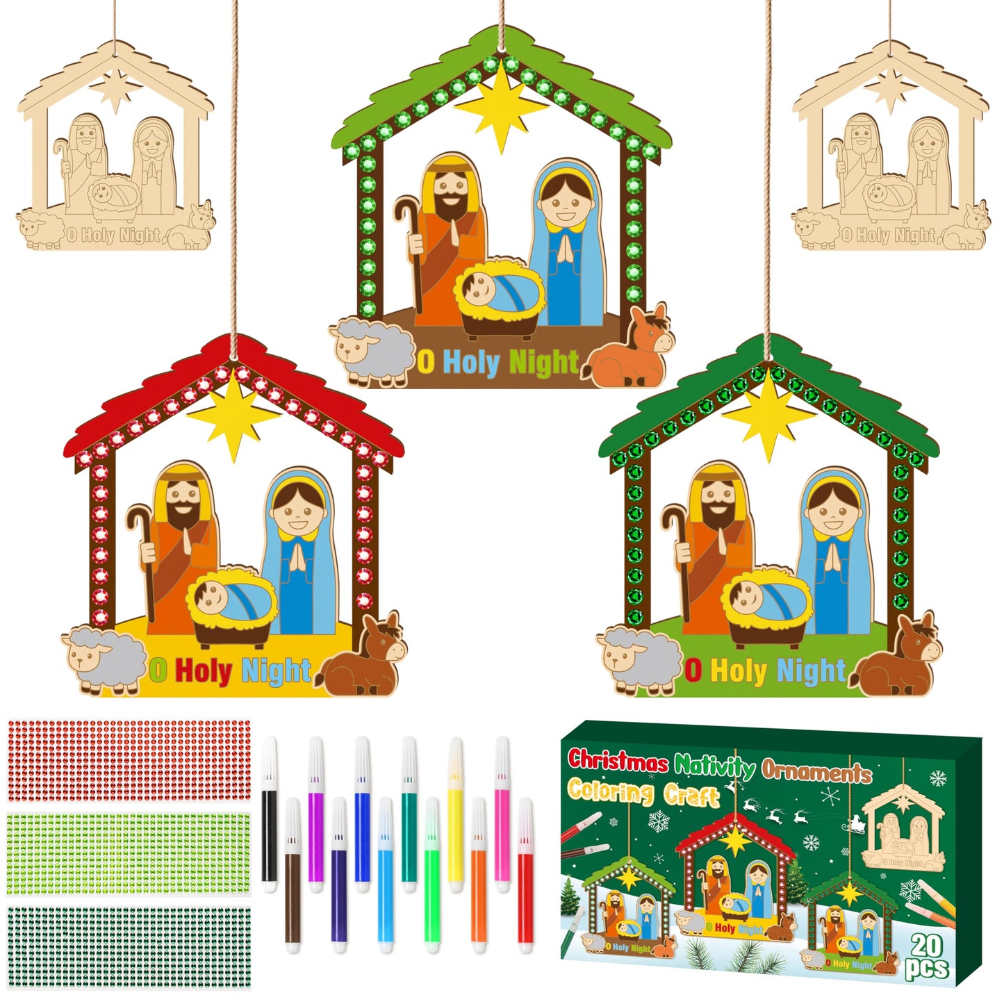 BeYumi Christmas Wooden House Craft Kit – Nativity Decor with Gem Stickers
