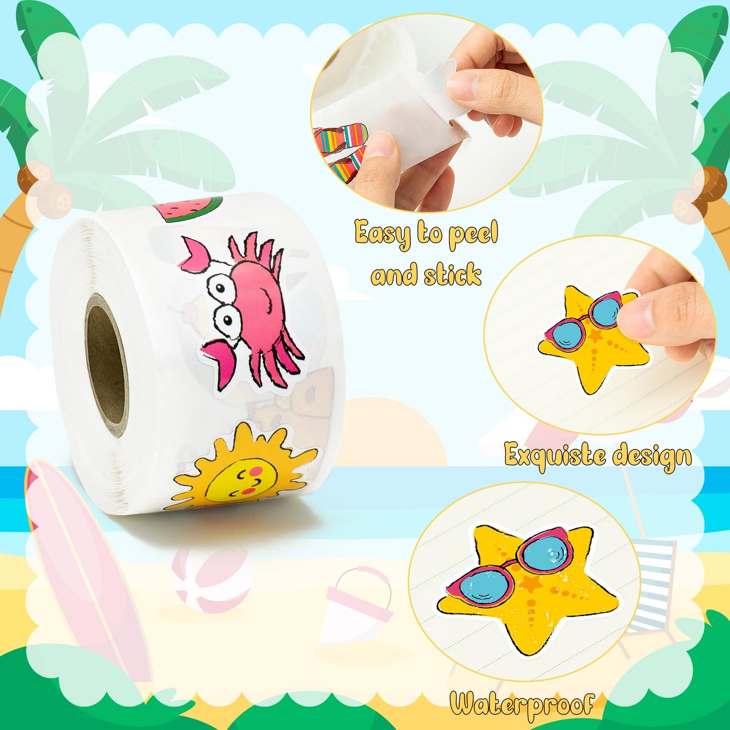 BeYumi Summer Beach Roll Stickers – 1000 Waterproof Vinyl Stickers in 2 Rolls