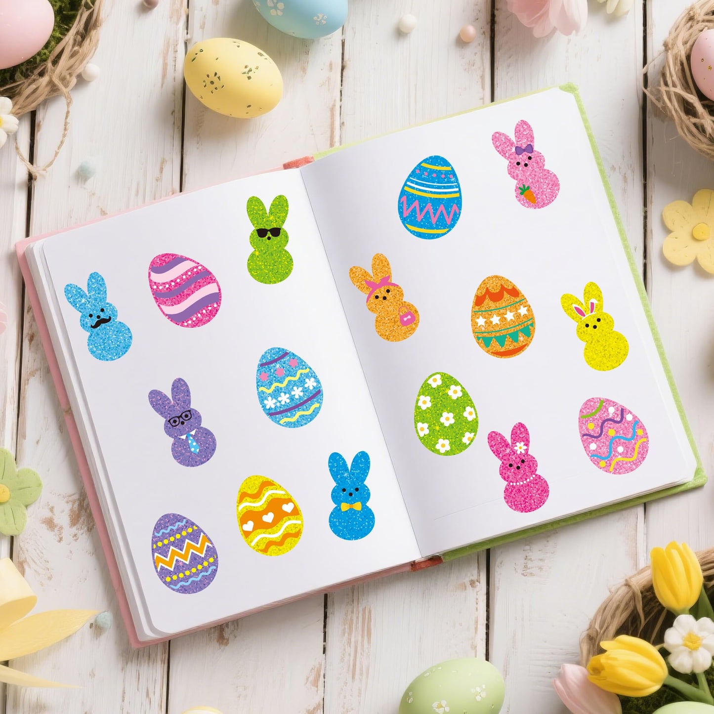 BeYumi Easter Laser Bunny Stickers – 1000 Pcs Holographic Glitter Rolls for Decor & Gifts
