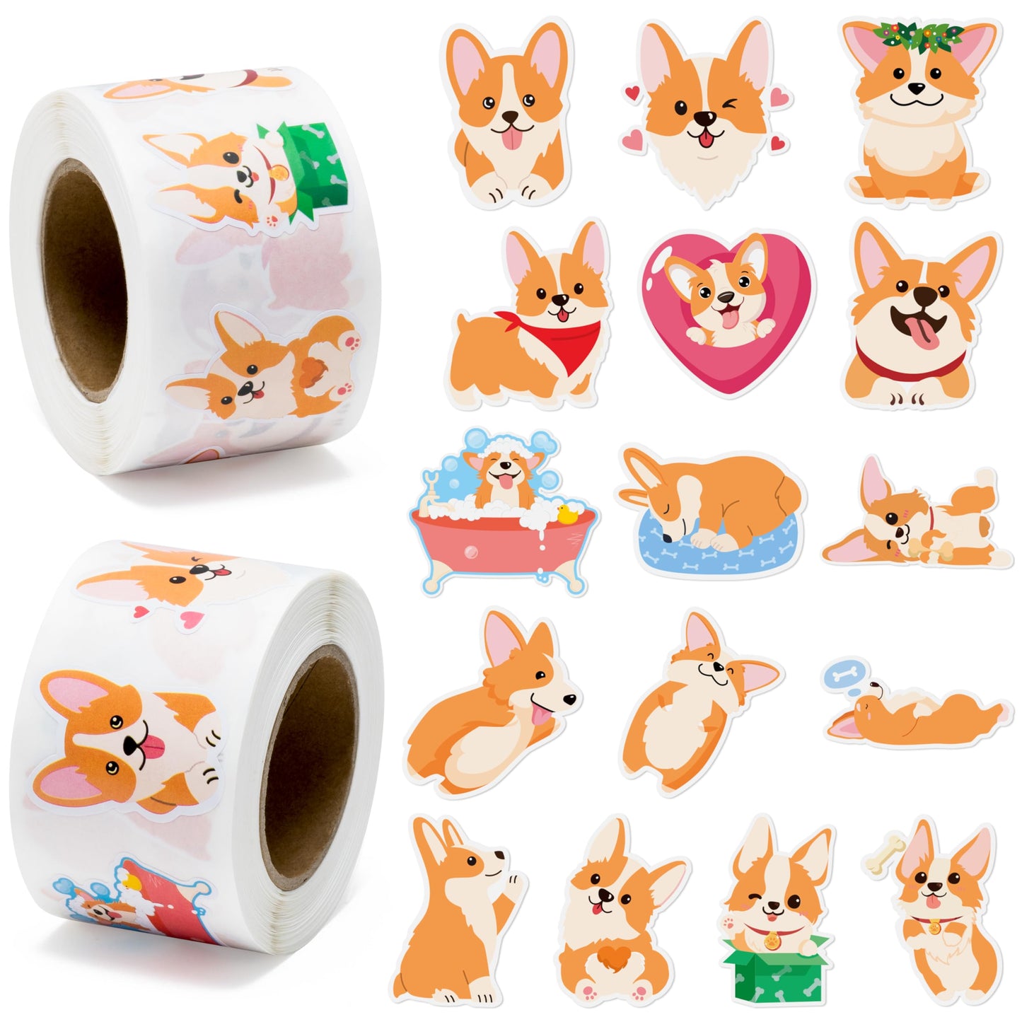 BeYumi Cute Corgi Roll Stickers – 1000 Pcs in 2 Rolls Waterproof Vinyl