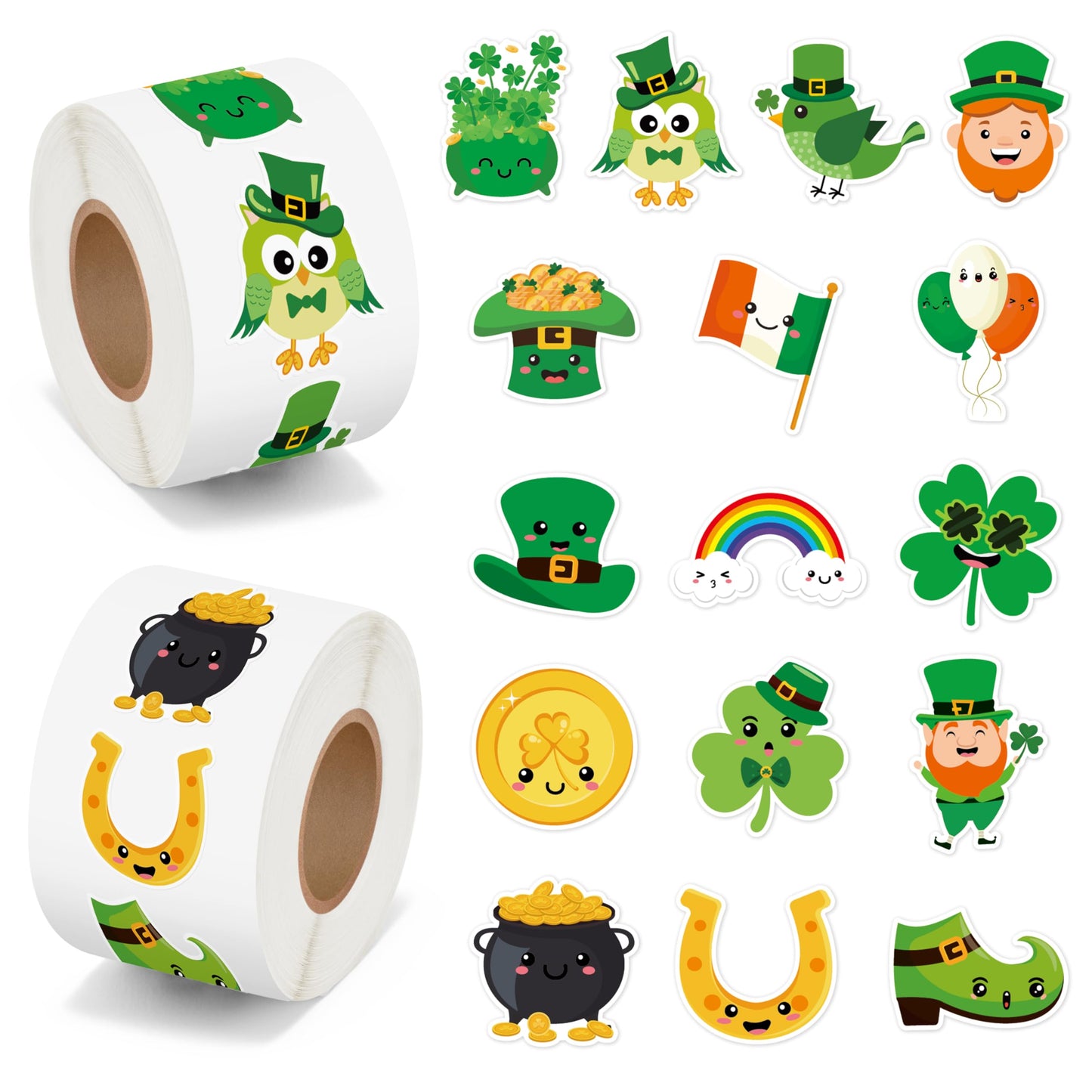 BeYumi Cute Shamrock Sticker Roll – 1000 Pcs St. Patrick's Day Waterproof Vinyl Stickers (2 Rolls)