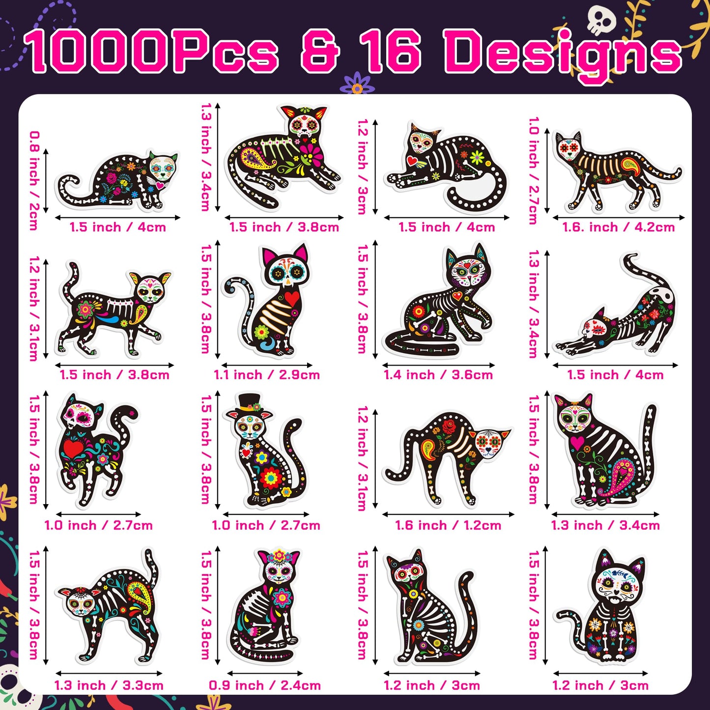 BeYumi Skeleton Cat Roll Stickers – 1000 Pcs, 2 Rolls for Dia de Los Muertos & Halloween