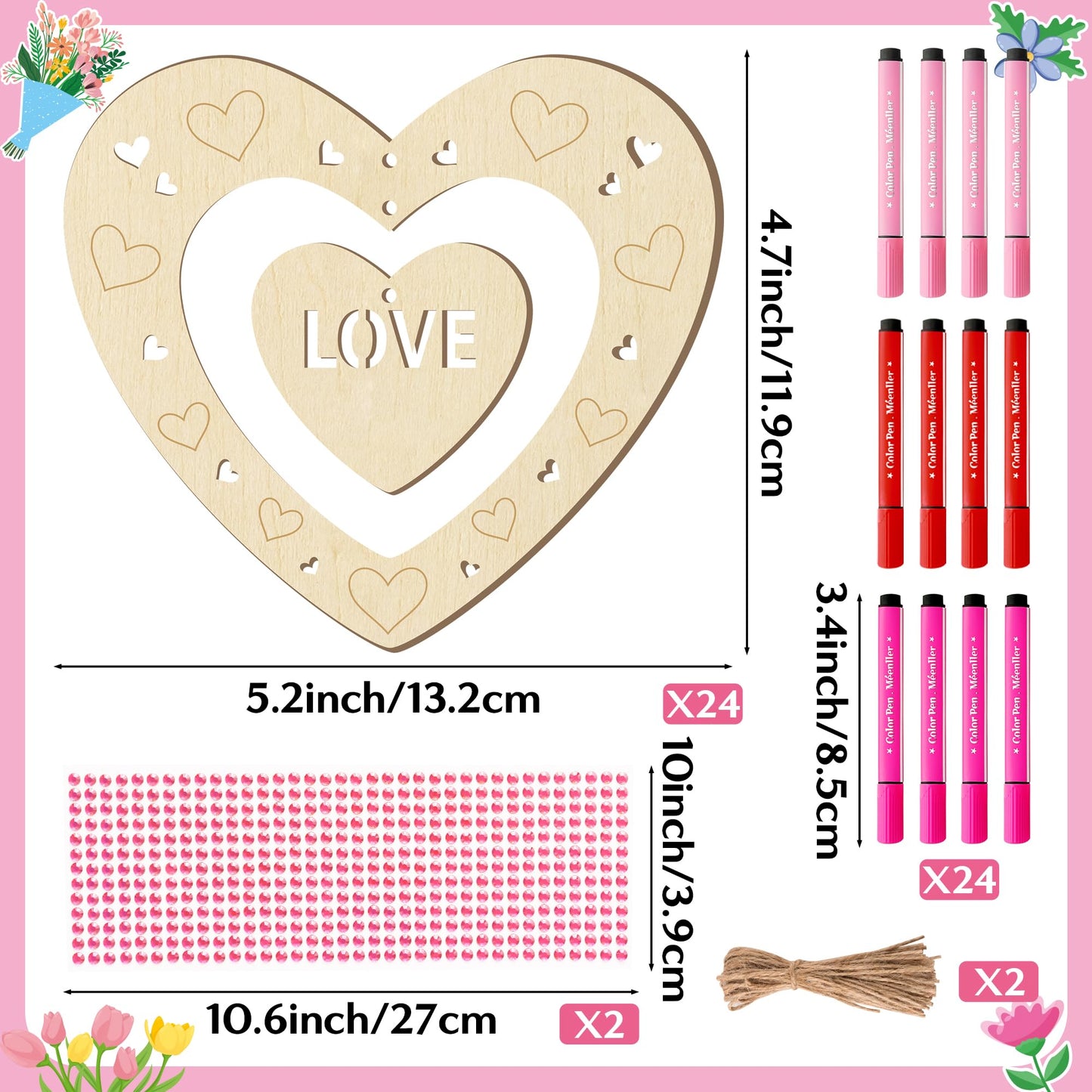 BeYumi DIY Wooden Heart Craft Kit – 24 Hearts with Gem Stickers