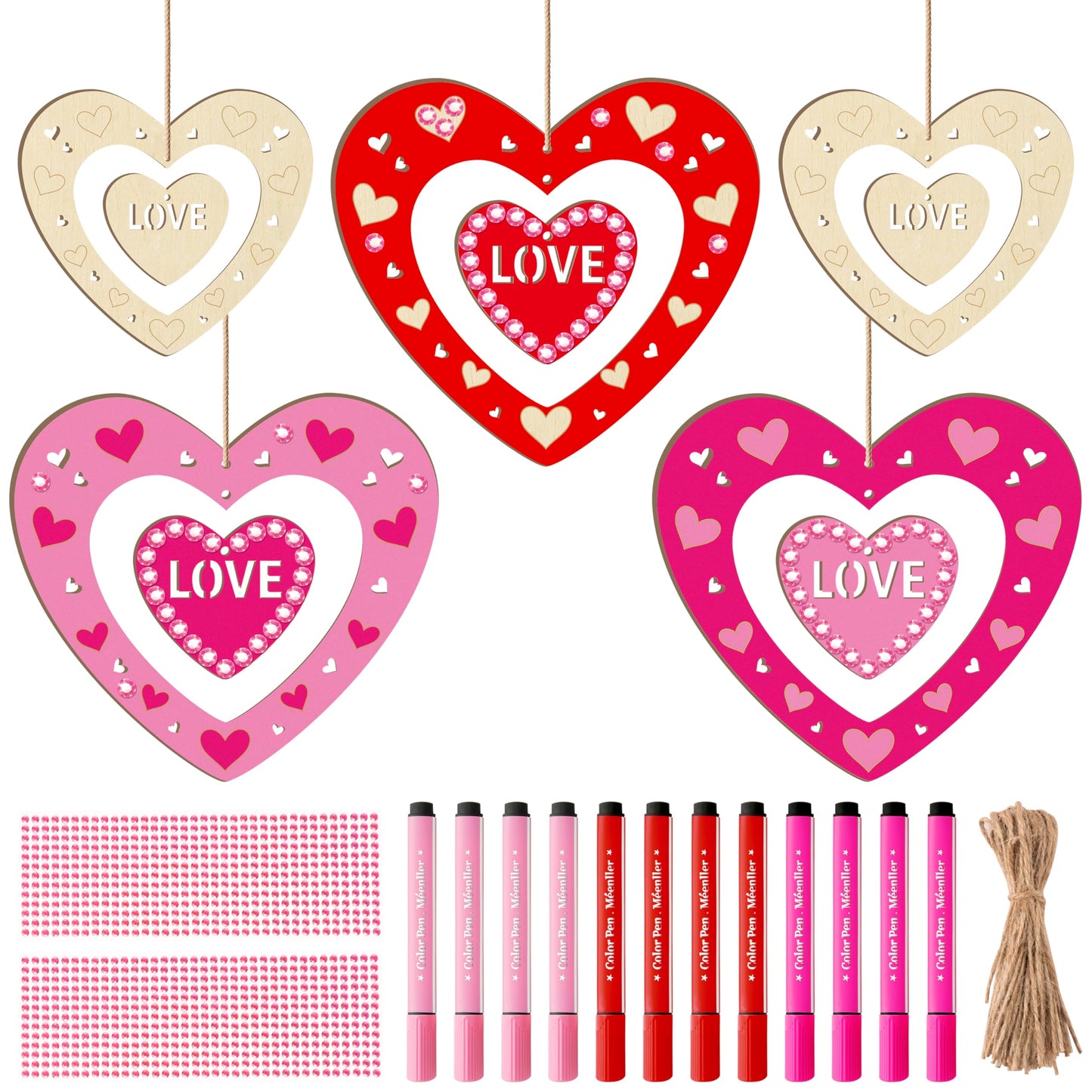 BeYumi DIY Wooden Heart Craft Kit – 24 Hearts with Gem Stickers