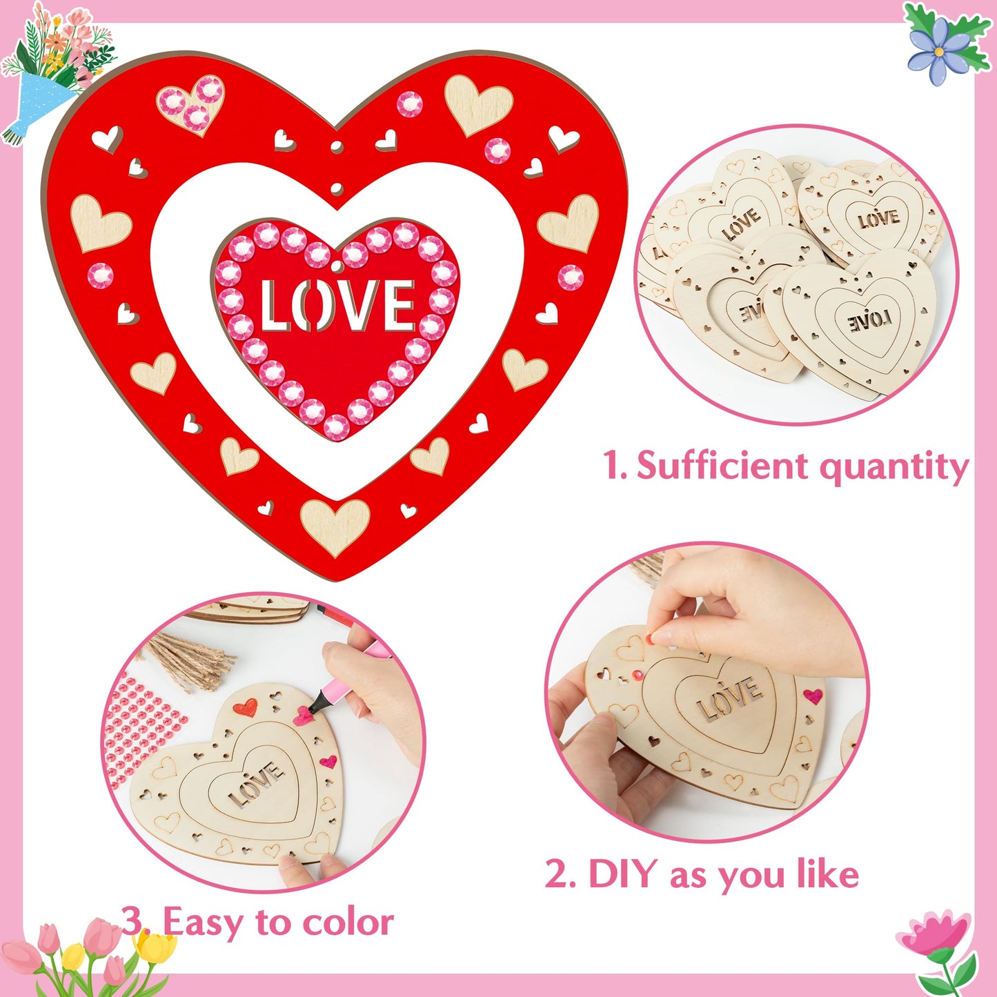 BeYumi DIY Wooden Heart Craft Kit – 24 Hearts with Gem Stickers