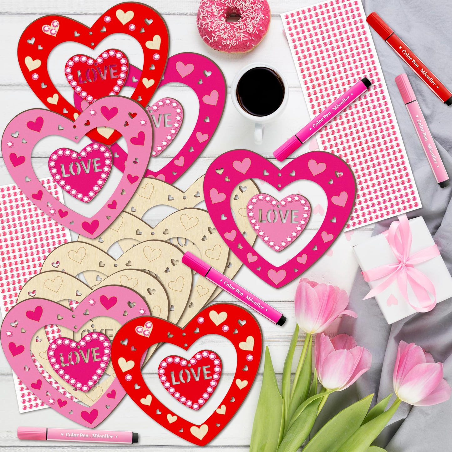 BeYumi DIY Wooden Heart Craft Kit – 24 Hearts with Gem Stickers