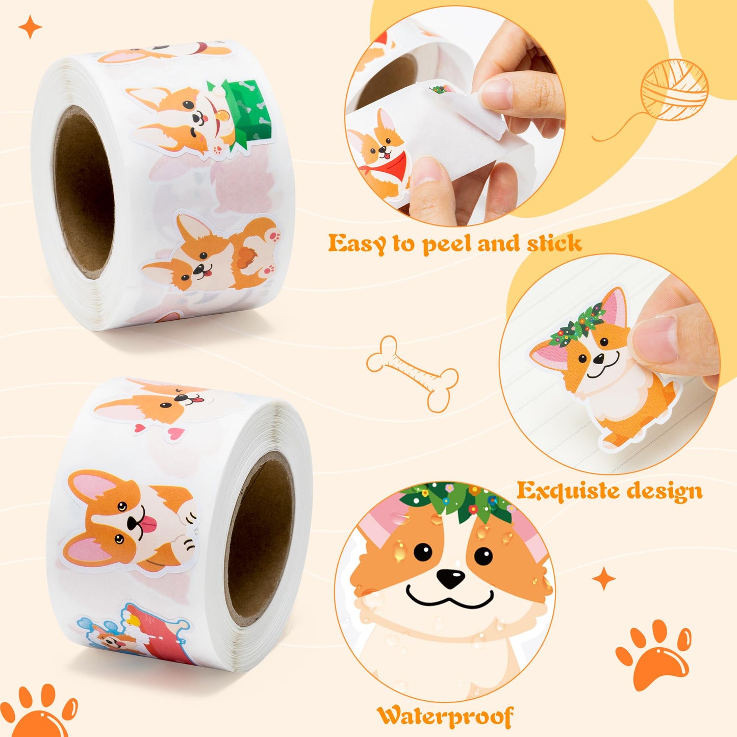 BeYumi Cute Corgi Roll Stickers – 1000 Pcs in 2 Rolls Waterproof Vinyl