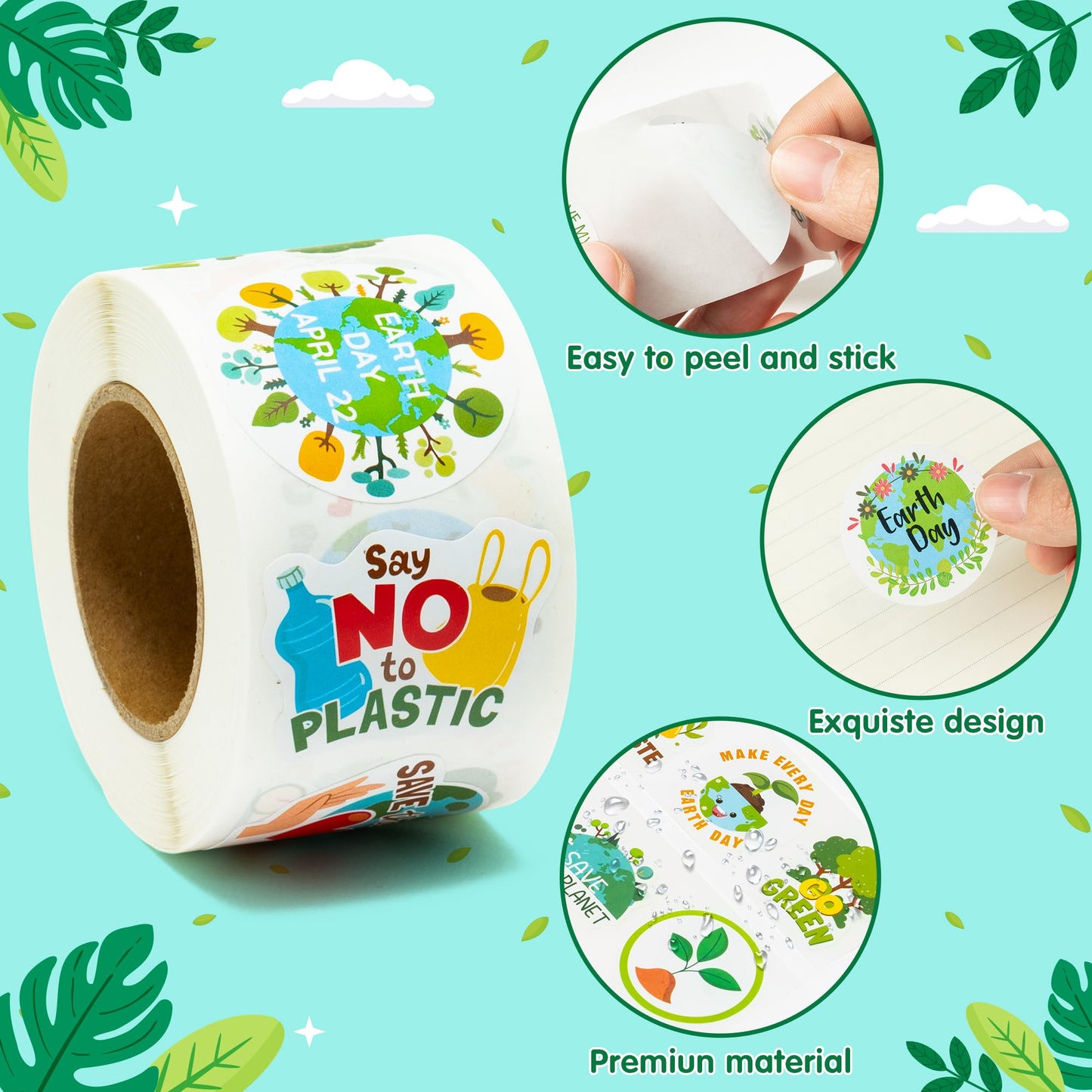 BeYumi Earth Day Roll Stickers – 1000 Waterproof Eco Decals in 2 Rolls