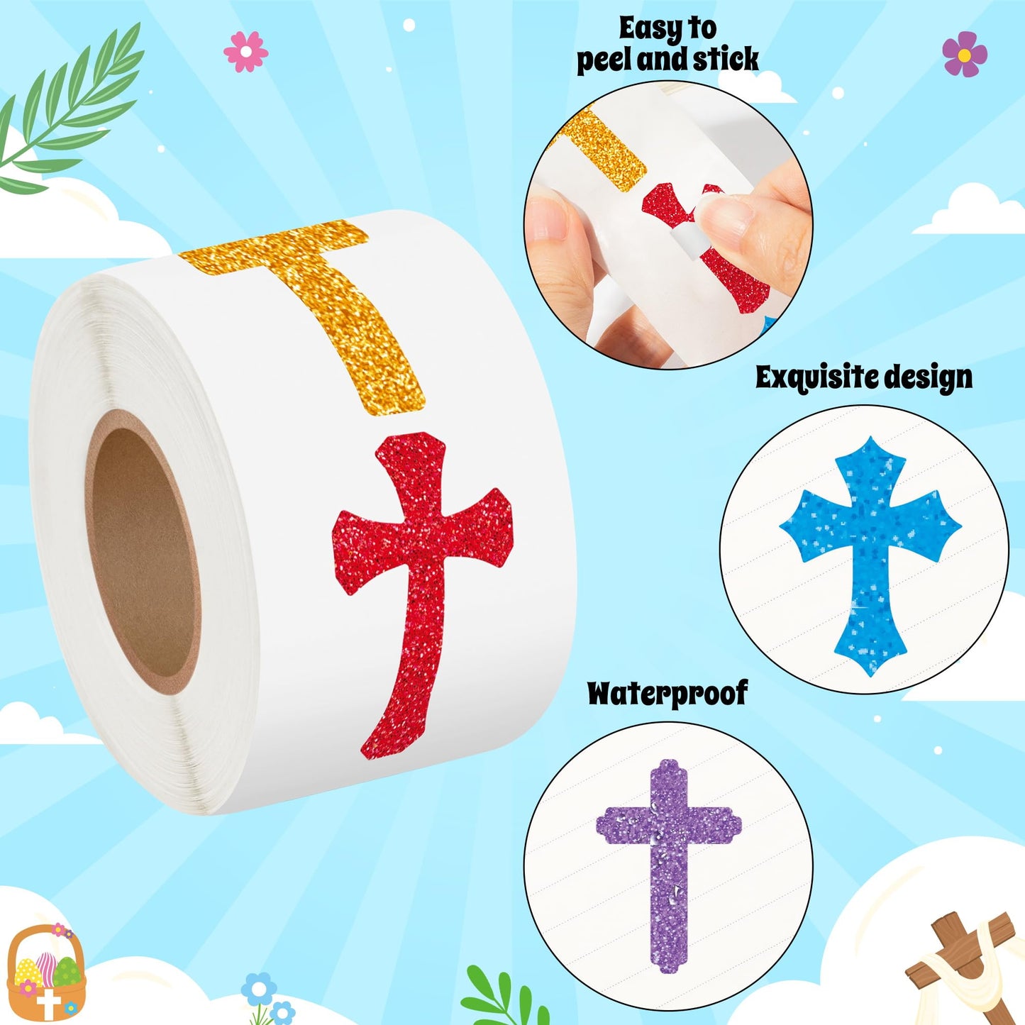 BeYumi Easter Laser Cross Sticker – 1000 Pcs, 2 Rolls, Holographic Glitter Religious Decals