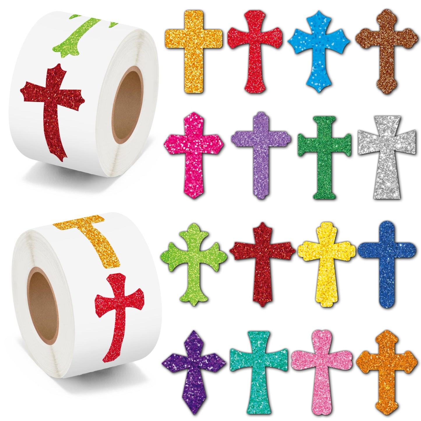 BeYumi Easter Laser Cross Sticker – 1000 Pcs, 2 Rolls, Holographic Glitter Religious Decals