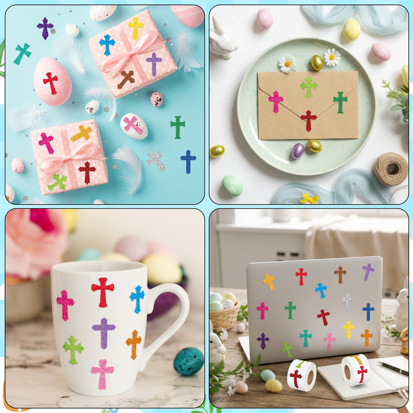 BeYumi Easter Laser Cross Sticker – 1000 Pcs, 2 Rolls, Holographic Glitter Religious Decals
