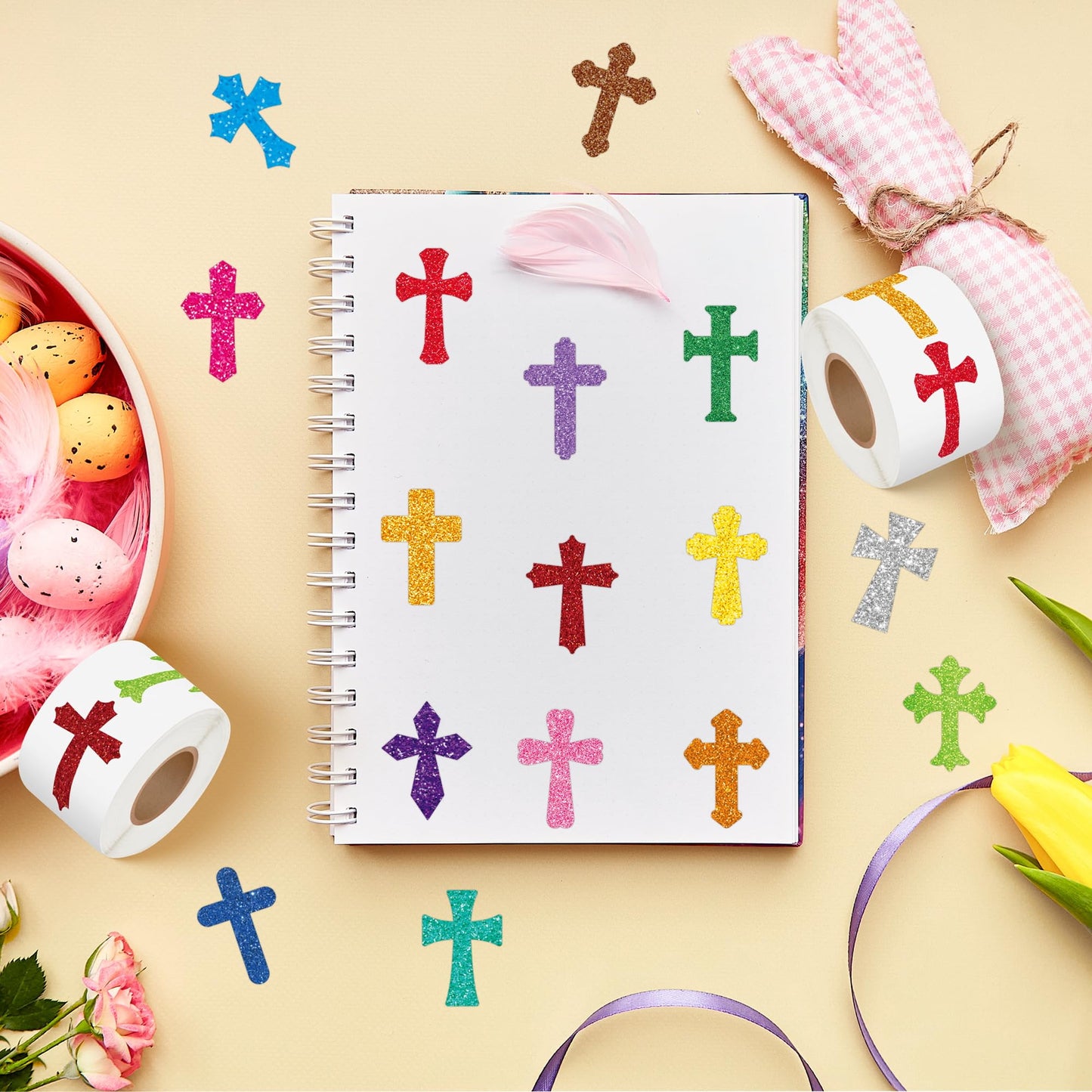 BeYumi Easter Laser Cross Sticker – 1000 Pcs, 2 Rolls, Holographic Glitter Religious Decals