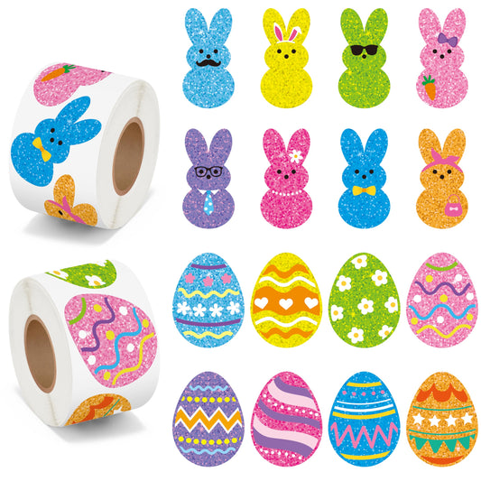 BeYumi Easter Laser Bunny Stickers – 1000 Pcs Holographic Glitter Rolls for Decor & Gifts