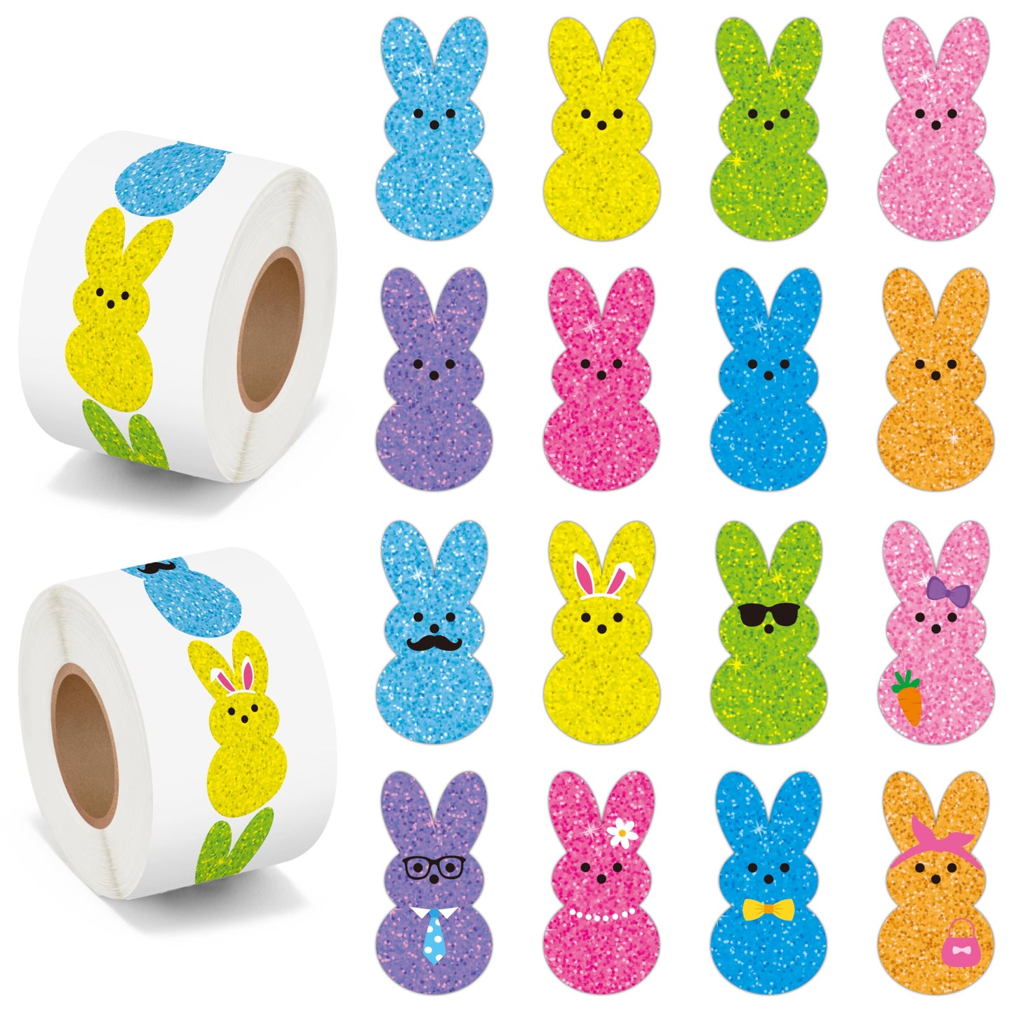 BeYumi Easter Laser Bunny Stickers – 1000 Pcs in 2 Rolls | Holographic Glitter Decals for Crafts